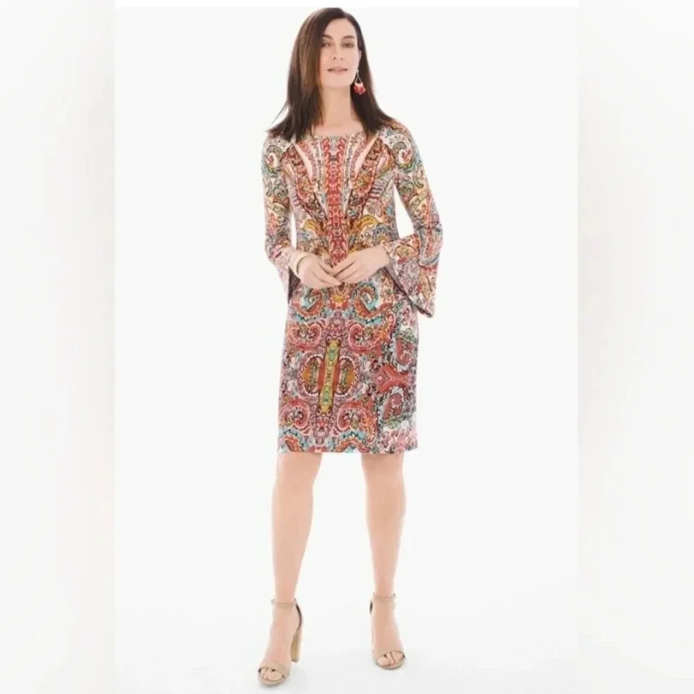 Women's Chico's Charm Red Print Dress, Size 3 (XL‎ 16) EUC